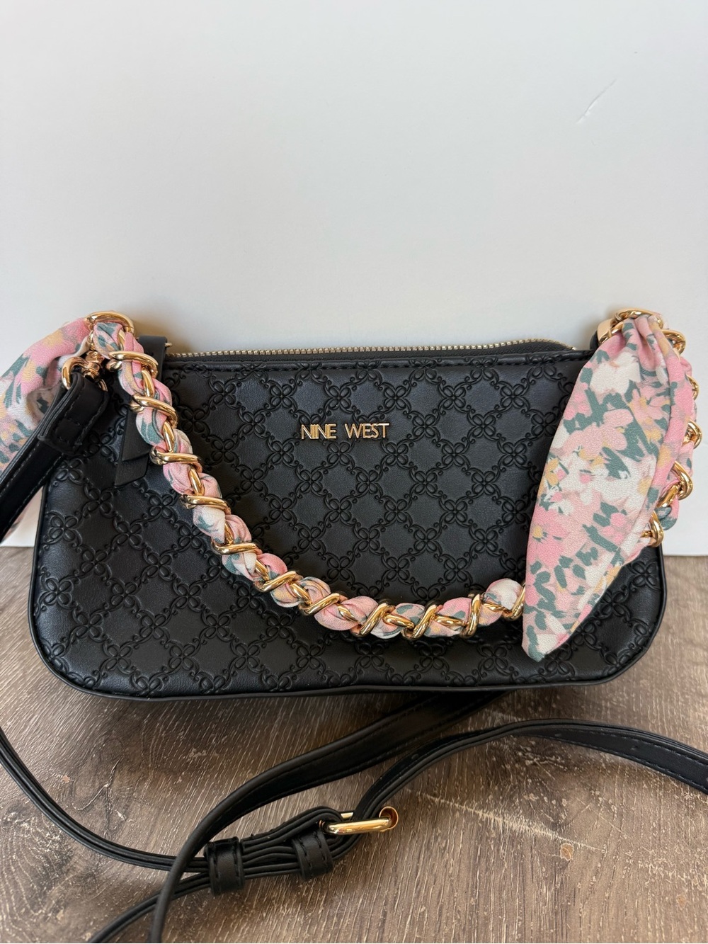 Nine West Black Crossbody with Gold Chain and Pink Floral Scarf Accent